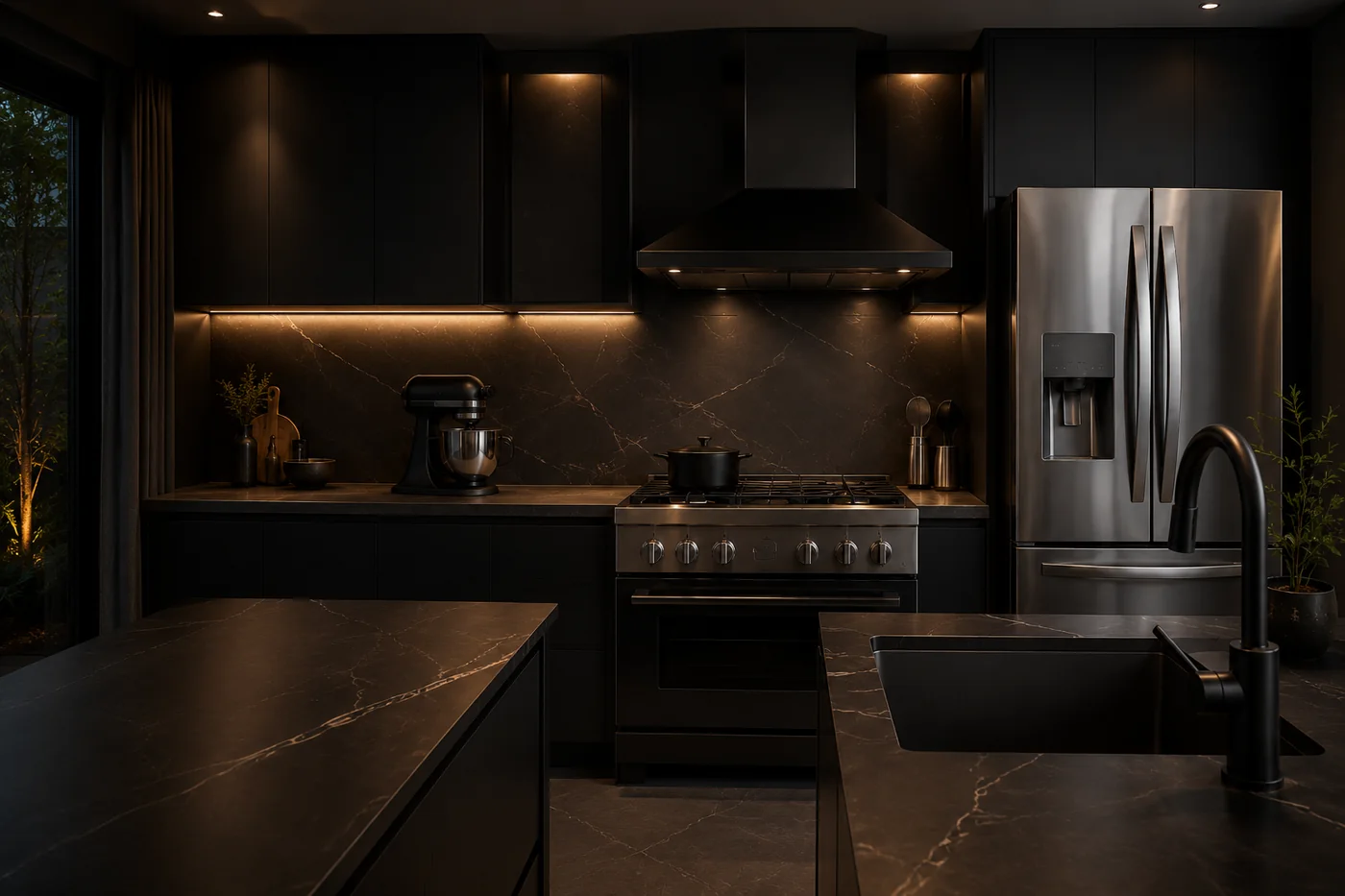 Cocina oscura equipada con estufa, campana extractora y refrigerador de acero inoxidable